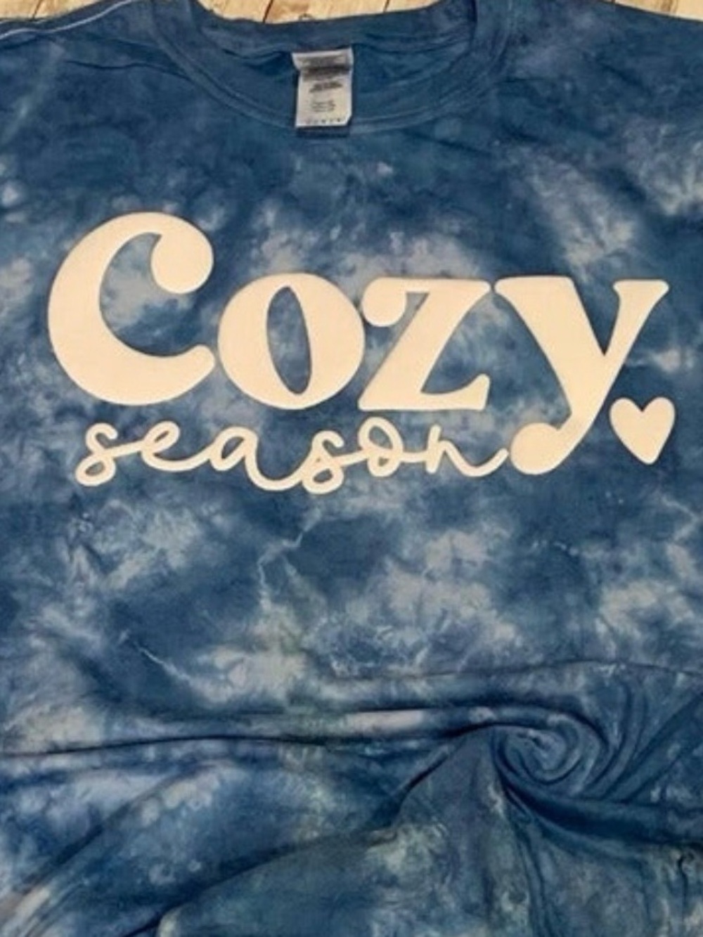 Hand dyed Blue Shirt with "Cozy Season" Print Size Large